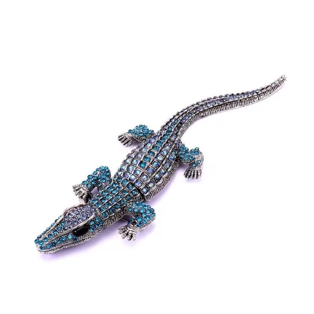 Vintage Art Deco Style Blue Crystal Large Crocodile Alligator Brooch Pin - NEW